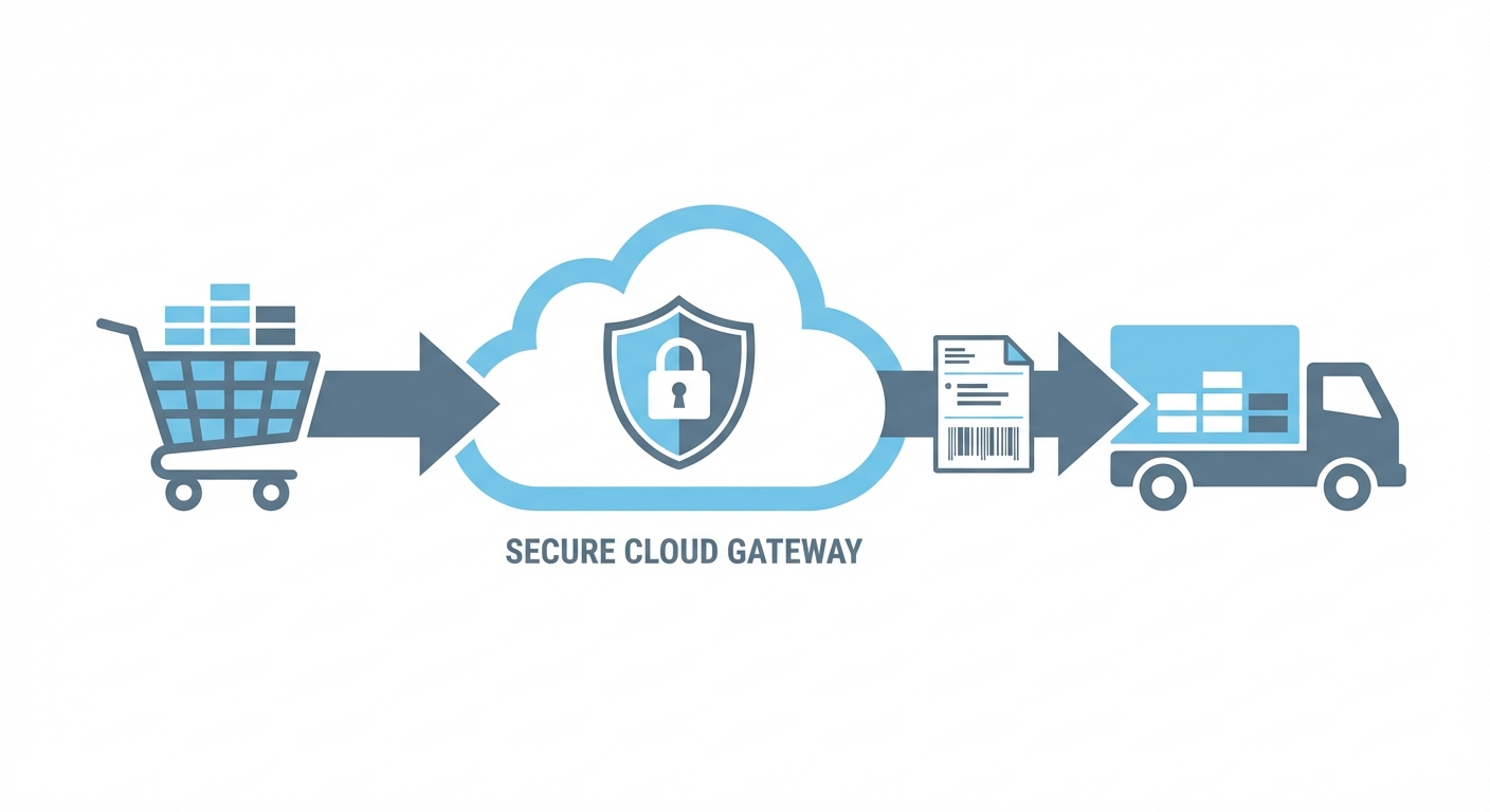Secure cloud gateway processes order data from Amazon and generates a shipping label for the carrier
